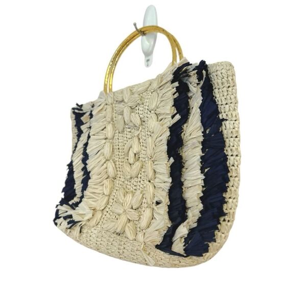 Cleobella Rocky Barnes Raffia Navy, Tan & Gold Handle Handbag - Picture 6 of 10